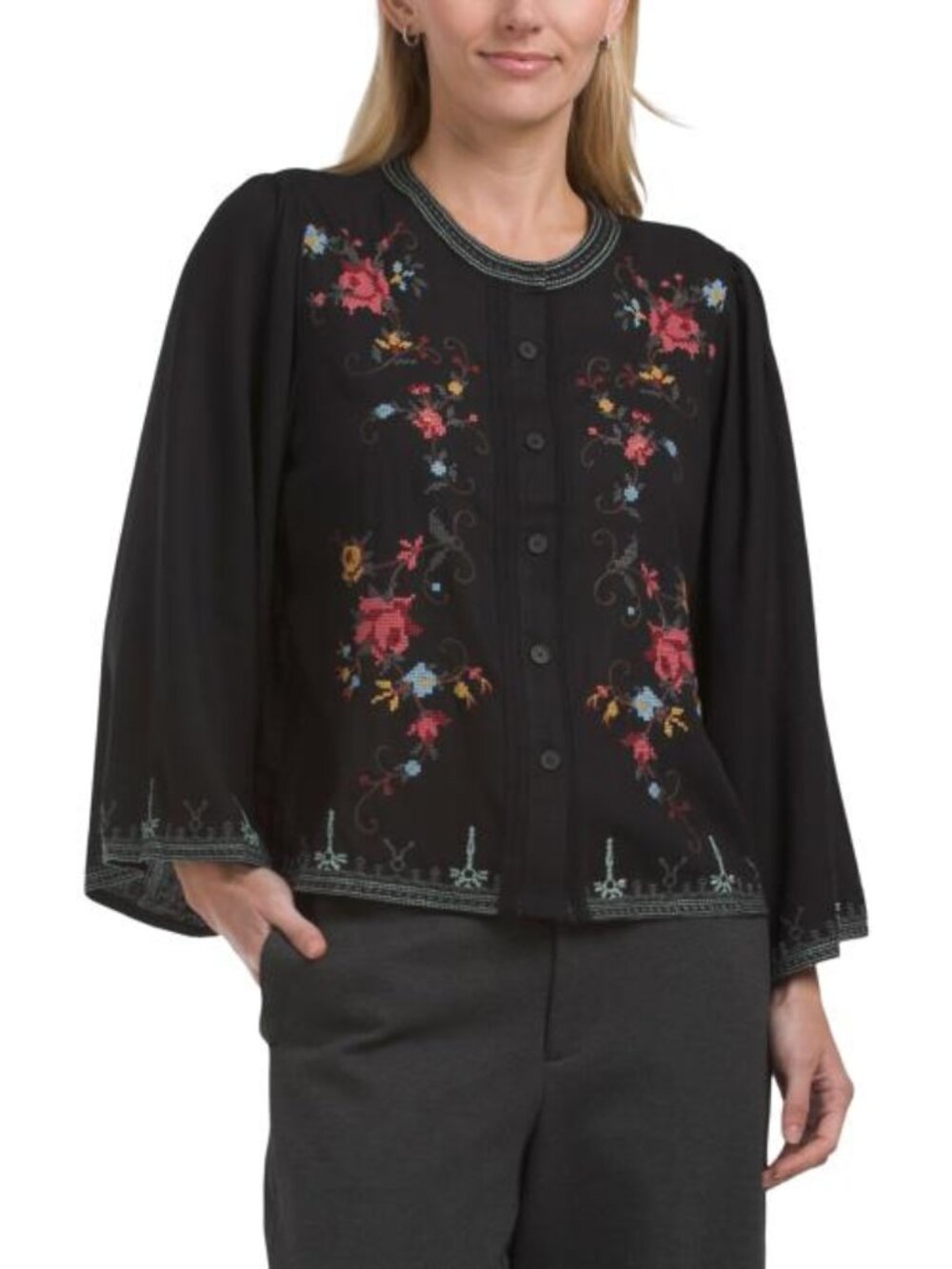 SOLITAIRE Embroidered Button Front Blouse